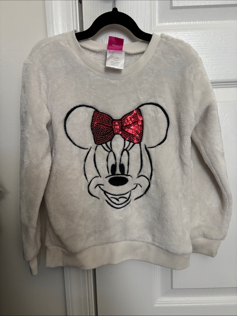 Disney Women's White Plush Crewneck Sweater with Pink Sequin Bow